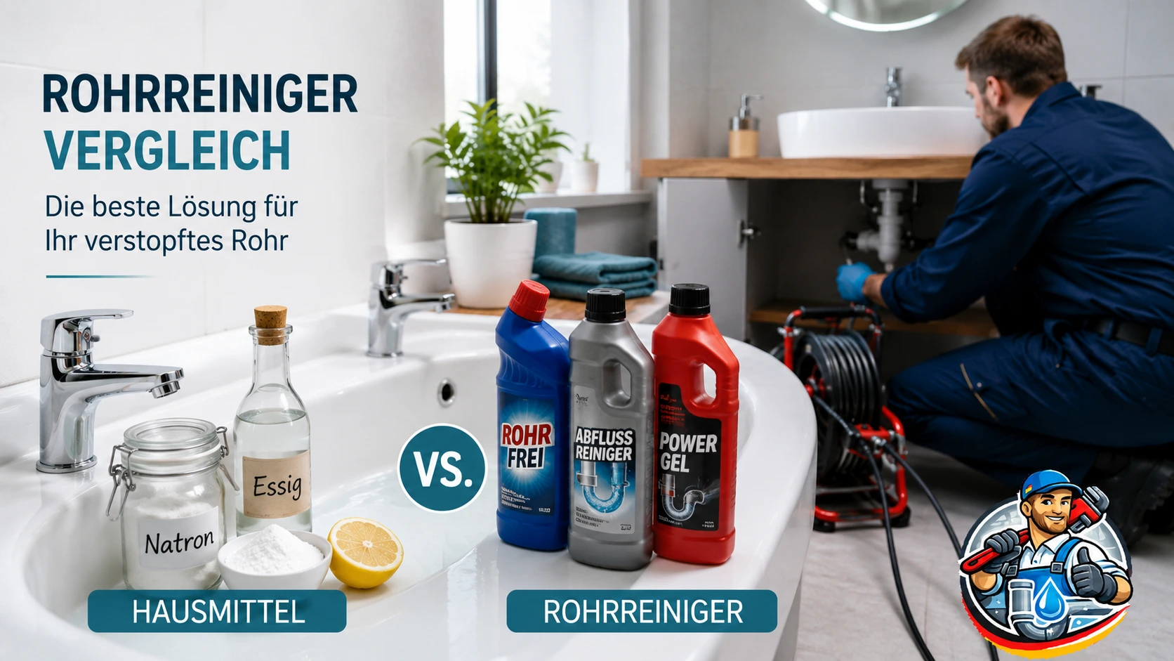 Illustration zum Artikel: Rohrreiniger Vergleich 2026: Chemisch, biologisch oder professionell?